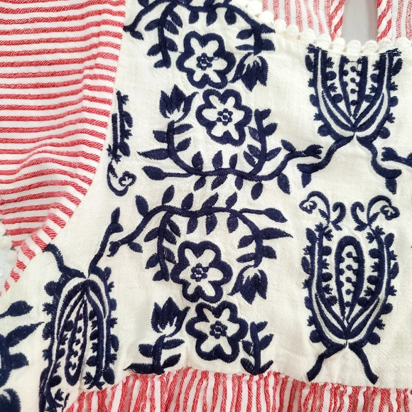 THML Red Pinstripe Navy Floral Embroidered Flowy Boho Top Small - Picture 2 of 10
